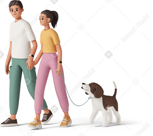 3D young couple walking with dog Illustration in PNG, SVG
