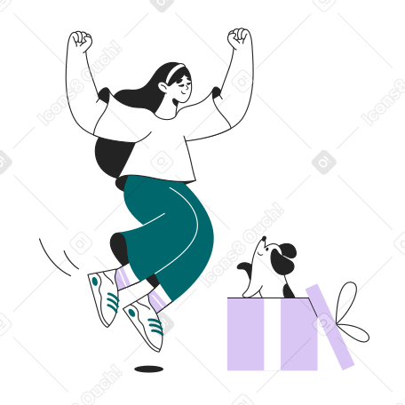 Girl rejoices over a gift with a dog PNG, SVG