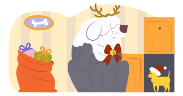 Dogs celebrating christmas with bag of gifts PNG, SVG