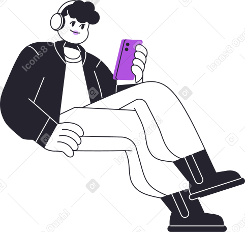 man in headphones sitting and using his phone Illustration in PNG, SVG