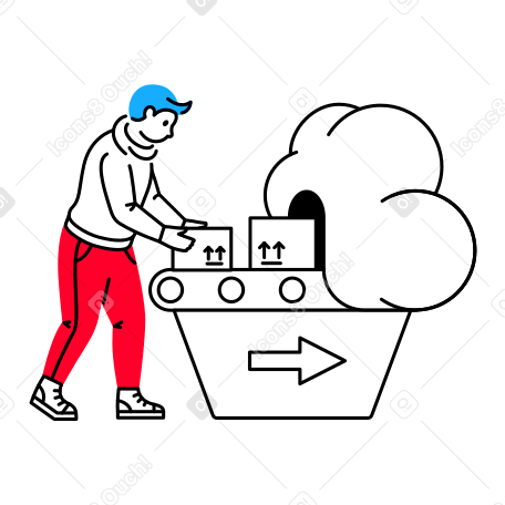Man puts boxes on conveyor belt that moves them into the cloud Illustration in PNG, SVG