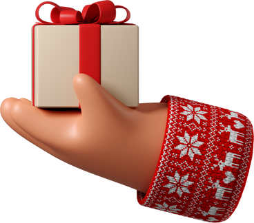 Main en peau bronzée en pull rouge avec motif de noël tenant une boîte cadeau PNG, SVG