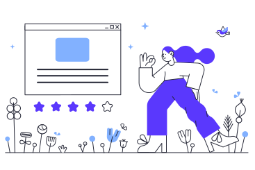 Illustration animée Femme laissant un avis positif sur un site web aux formats GIF, Lottie (JSON) et AE
