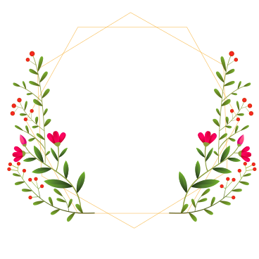 Small pink flowers located on the sides of a golden diamond-shaped thin frame PNG, SVG