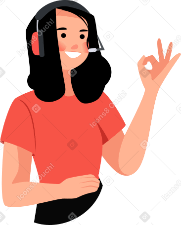 girl in headphones with a microphone shows ok Illustration in PNG, SVG