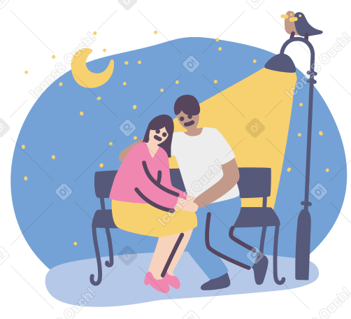 Man and a woman in love embracing on a bench under a street lamp in the evening Illustration in PNG, SVG