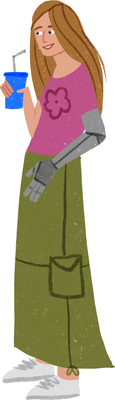 Mujer con brazo protésico sosteniendo una bebida. PNG, SVG