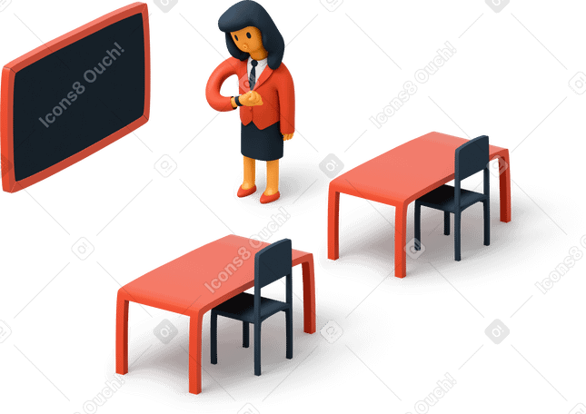 3D Teacher standing in empty school classroom and checking her wristwatch Illustration in PNG, SVG