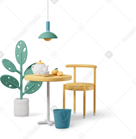 3D kitchen interior with plant, lamp, table, chair, bucket and teaset Illustration in PNG, SVG