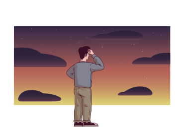 Hombre pensativo mirando la puesta de sol. PNG, SVG