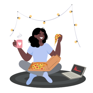 Девушка ест пиццу и смотрит фильмы в PNG, SVG