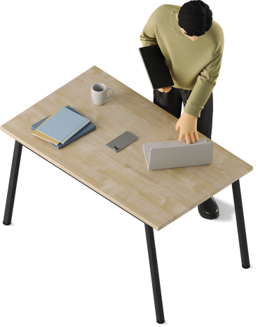 young man approaching his desk PNG, SVG