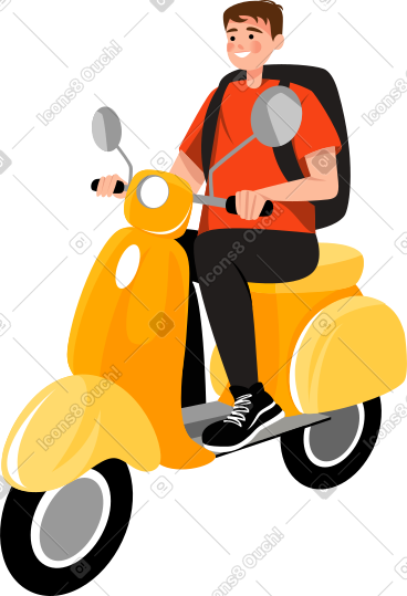 Man with a backpack on a yellow moped PNG, SVG