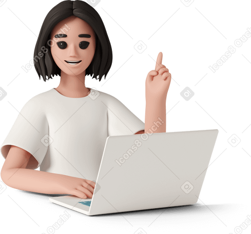 3D young woman with laptop pointing up Illustration in PNG, SVG