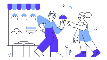sweet shop clerk holds out a cupcake to a girl PNG, SVG