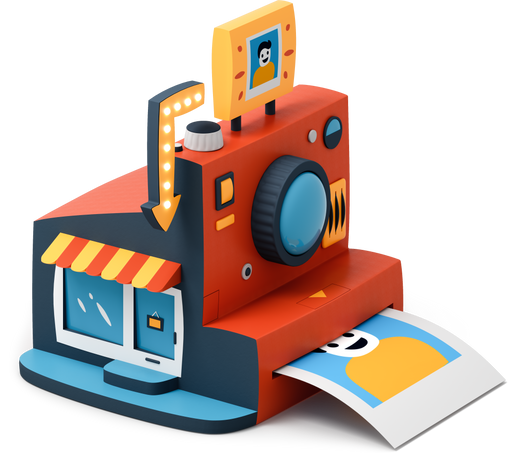 Side view of camera-shaped photo store Illustration in PNG, SVG