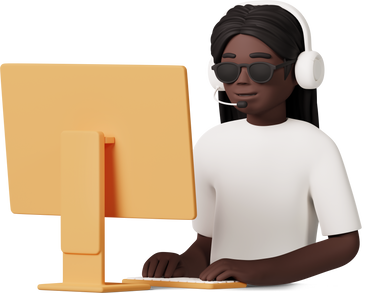 blind girl sitting in headset in front of computer PNG, SVG