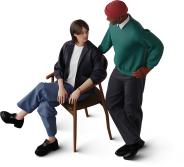 isometric view of man leaning on chair and talking to young woman PNG, SVG