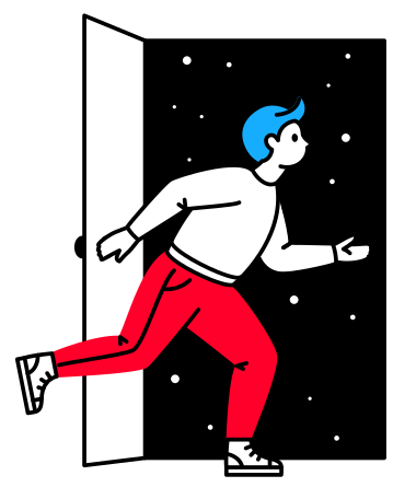 Man runs out the door into outer space Illustration in PNG, SVG
