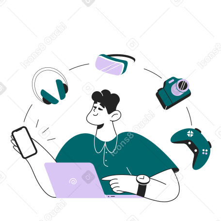 Man working with different devices PNG, SVG