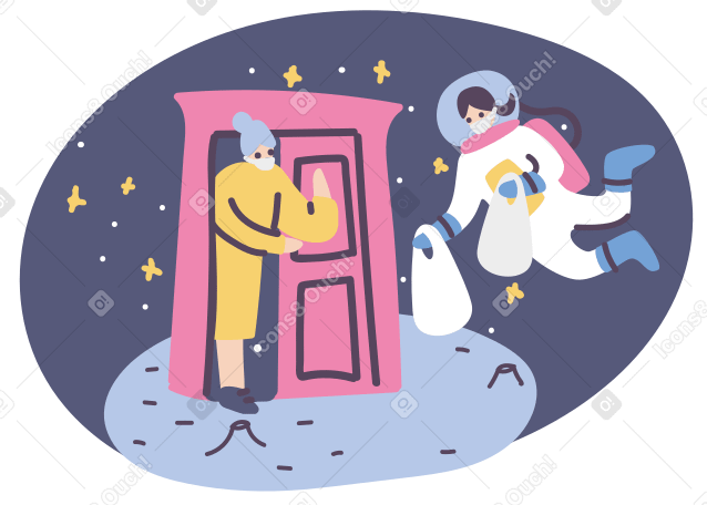 Astronaut in a medical mask delivering groceries to an elderly woman in self-isolation behind the door Illustration in PNG, SVG