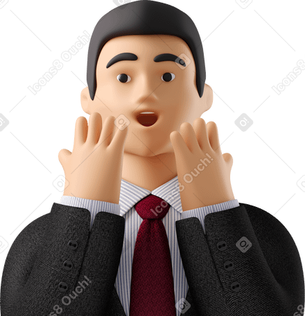 3D close up of astonished businessman in black suit Illustration in PNG, SVG