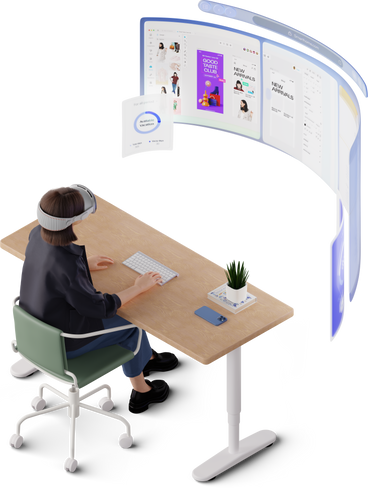 isometric view of young woman working in vr headset PNG, SVG