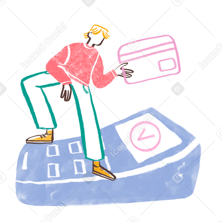 Man standing on card receiver and scanning the card PNG, SVG