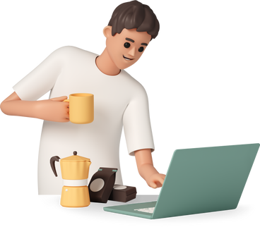 smiling man with cup of coffee looking at laptop PNG, SVG