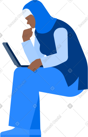 woman in hijab sitting and looking at laptop PNG, SVG