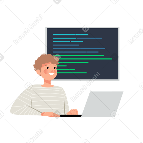 The programmer developes code at his laptop Illustration in PNG, SVG