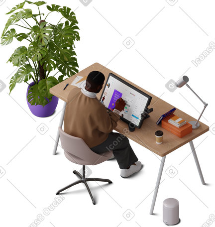 3D isometric view of young man working on graphic tablet PNG, SVG