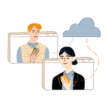 Man and woman downloading information from a cloud on their phones PNG, SVG