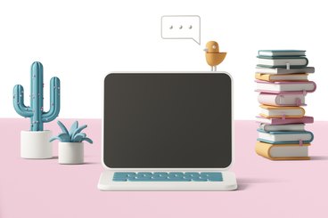laptop with stack of books and cactus in the back  PNG, SVG