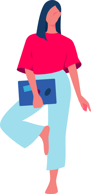 young woman standing on one leg holding laptop PNG, SVG
