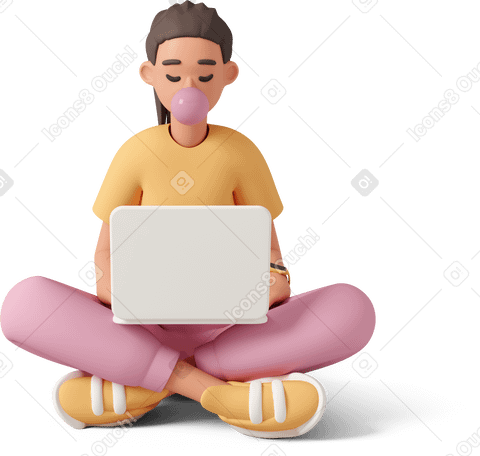 3D young woman sitting with laptop on legs and blowing bubble gum PNG, SVG