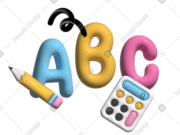 带计算器和铅笔的 3d 文本 abc 刻字 PNG, SVG