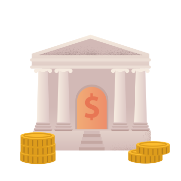 Bank building with coins lying around PNG, SVG