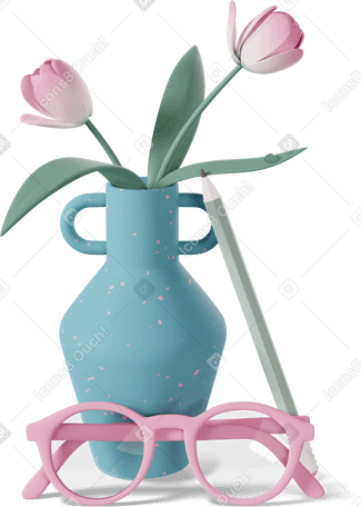 3D vase with tulips, glasses and pencil Illustration in PNG, SVG