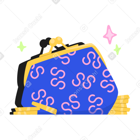 Сберегательный кошелек с монетами вокруг в PNG, SVG