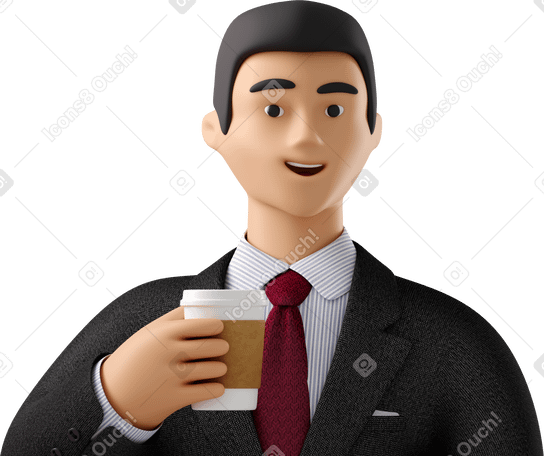 3D close up of businessman in black suit with paper coffee cup PNG, SVG