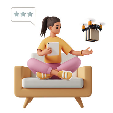 Girl with tablet receiving drone delievery PNG, SVG