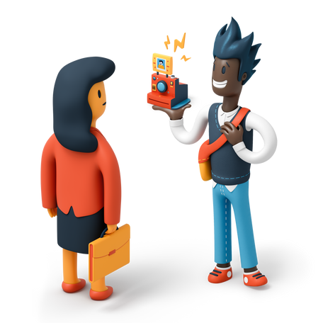 Man showing instant camera to woman  Illustration in PNG, SVG