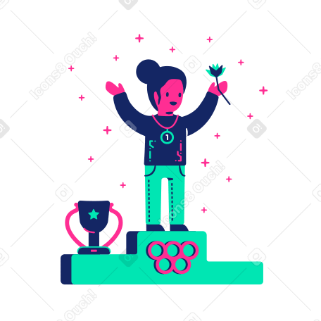 Спортсмен выиграл олимпийские игры, стоит на пьедестале с медалью, кубком и цветком в PNG, SVG