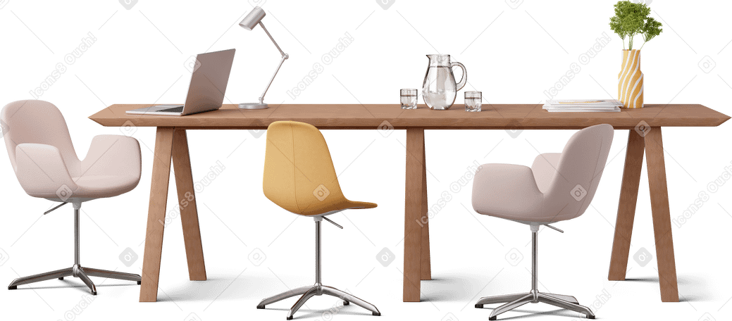 3D Vorderansicht eines büroschreibtisches mit stühlen, laptop und zeitschriften PNG, SVG