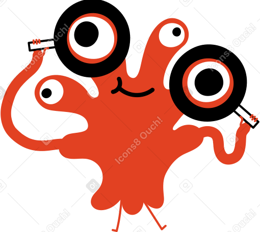 red character with four-eyed and two magnifier Illustration in PNG, SVG