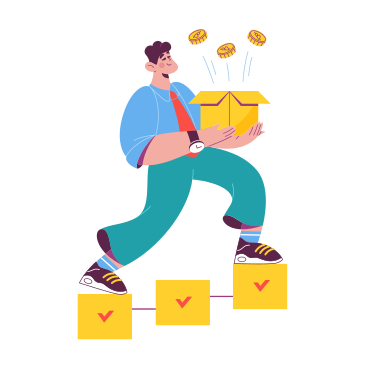 Man climbing stairs with a box of cryptocoins PNG、SVG