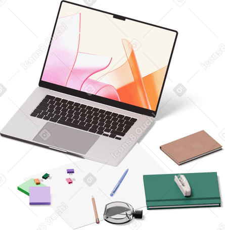 3D isometric view of laptop, notebooks, perfume and sticky notes PNG, SVG