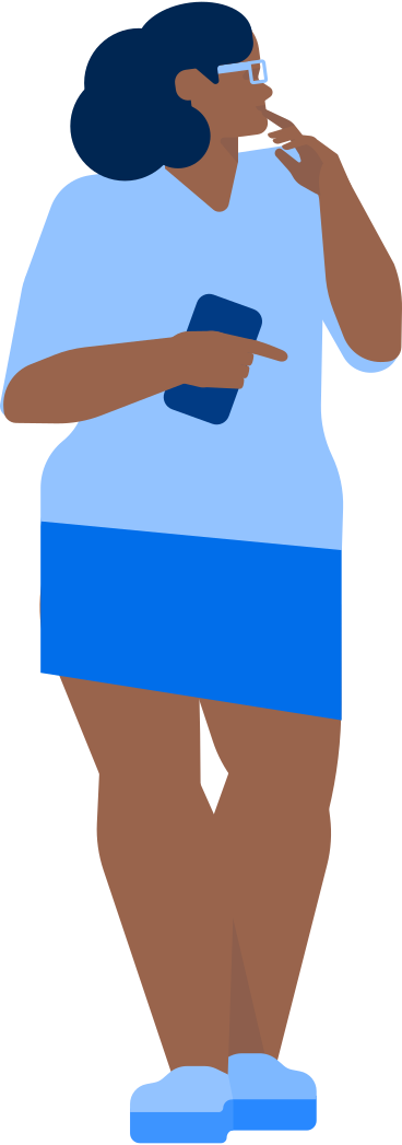 woman stands holding smartphone and thinks PNG, SVG