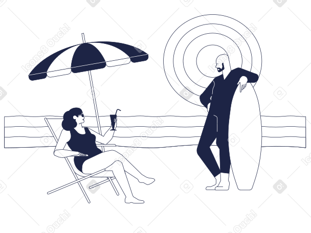 Uomo in tuta da surf in piedi con tavola da surf e donna seduta su chaise longue PNG, SVG